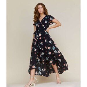 Christy Dawn The Autumn Floral Print Short Sleeve Wrap Dress Navy Blue Size S